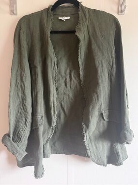 Linen Luv Olive Green Linen Cotton Open Front Jacket Cardigan M Boho Lagenlook